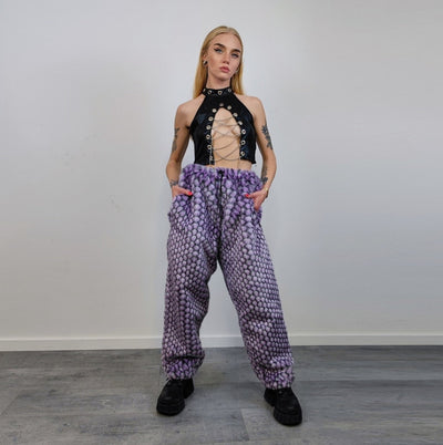 Checked faux fur joggers geometric raver pants fluffy winter trousers skiing fleece overalls festival bottoms neon burning man pants purple