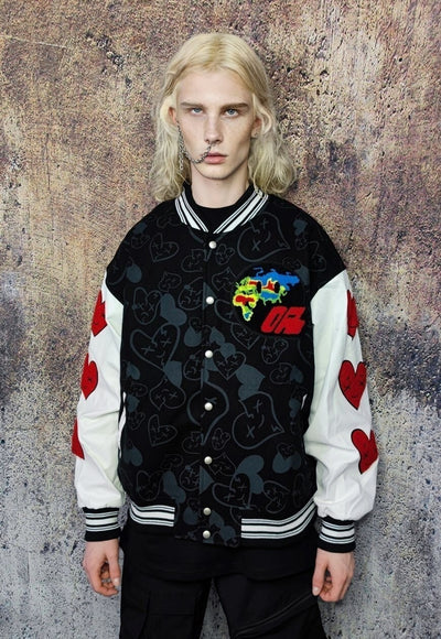 Heart patch varsity jacket faux leather sleeve bomber black