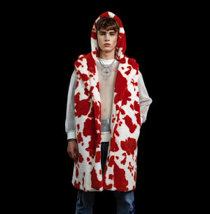 Cow print faux fur long coat hooded spot print trench rave bomber detachable fleece festival removable sleeves burning man jacket red white