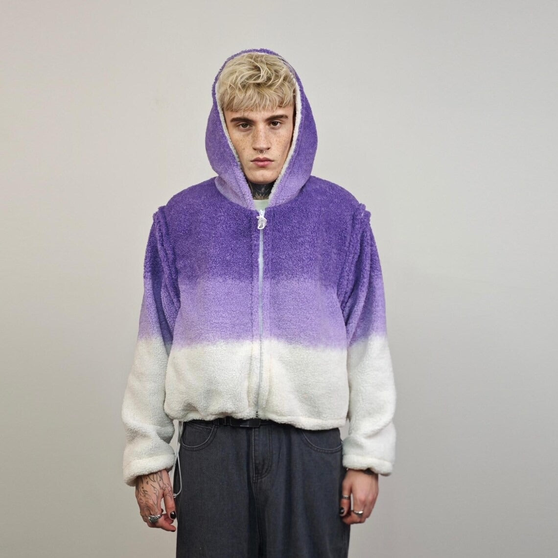 Cropped hooded fleece jacket purple gradient short rave bomber sports set burning man outfit detachable sleeves festival overcoat carnival