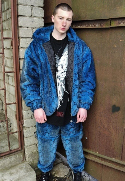 Faux fur snake jacket detachable Python fleece bomber blue