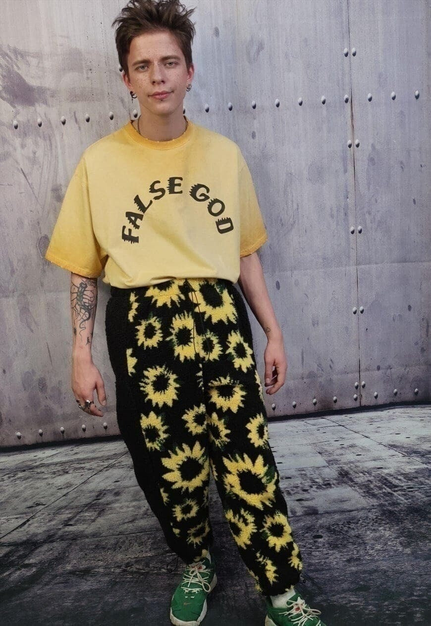 Sunflower fleece joggers handmade Daisy pants floral bottoms