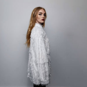 Fringed shirt long sleeve fluffy blouse going out oversize jumper fancy dress sweatshirt loose fuzzy top in white