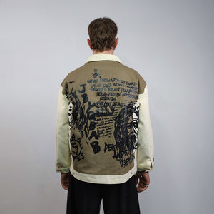 Graffiti denim jacket punk jean bomber utility color block bomber grunge aviator gorpcore festival coat rocker varsity rebel blazer in brown