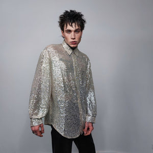 Sequin shirt glitter blouse shiny jumper long sleeve textured top embellished sweat party top button up retro festival top metallic silver