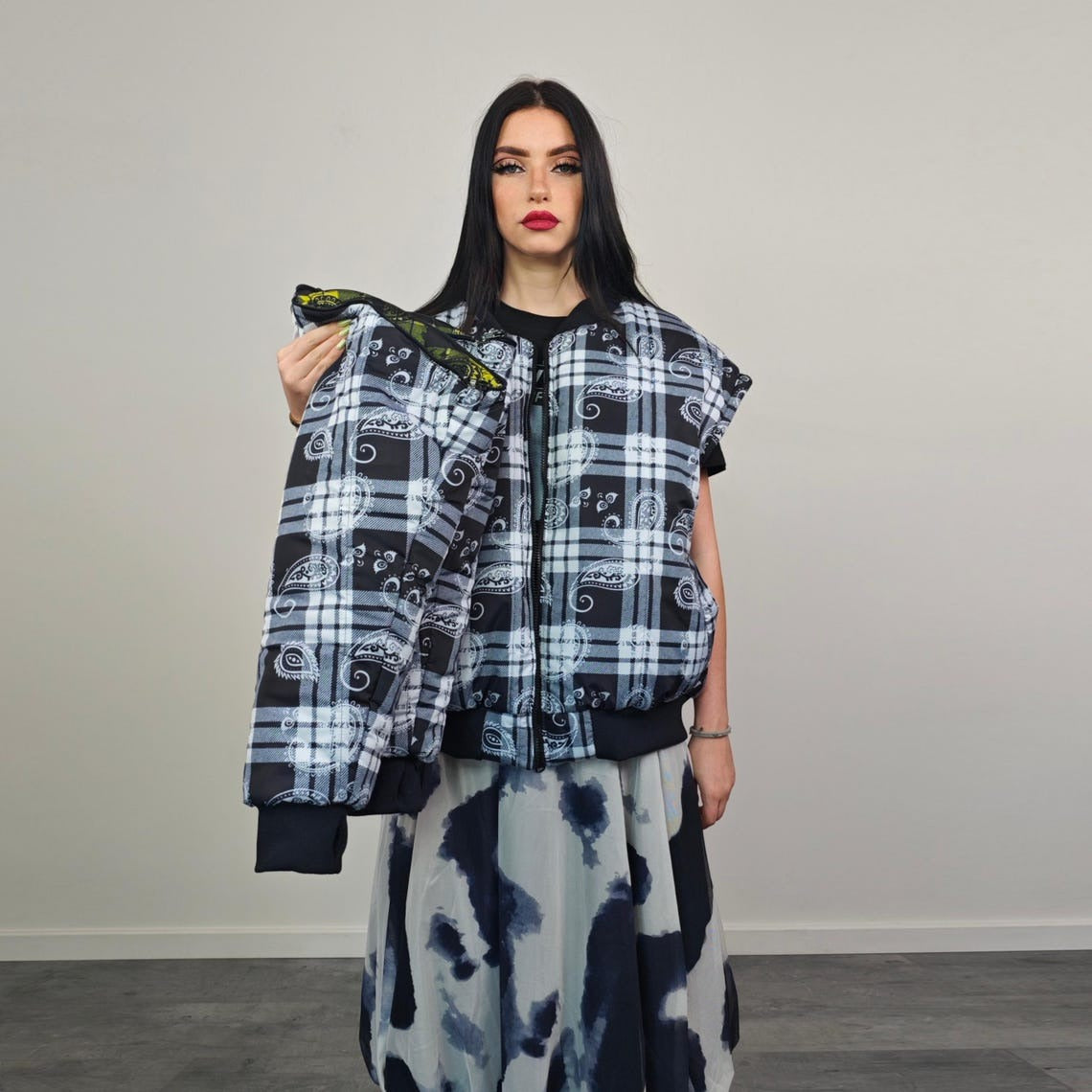 Paisley print bomber black white check jacket plaid reversible bandanna pattern college varsity detachable sleeves handmade tartan coat