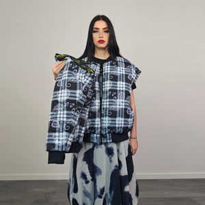 Paisley print bomber black white check jacket plaid reversible bandanna pattern college varsity detachable sleeves handmade tartan coat