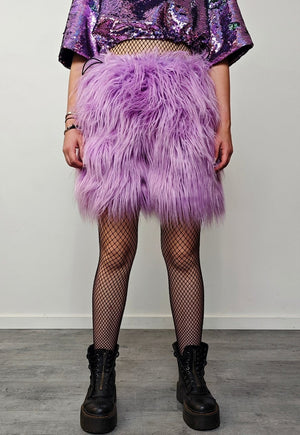 Shaggy fur shorts purple fuzzy cropped festival trousers