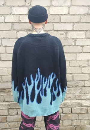 Flame print sweater fire knitted Korean jumper in black blue