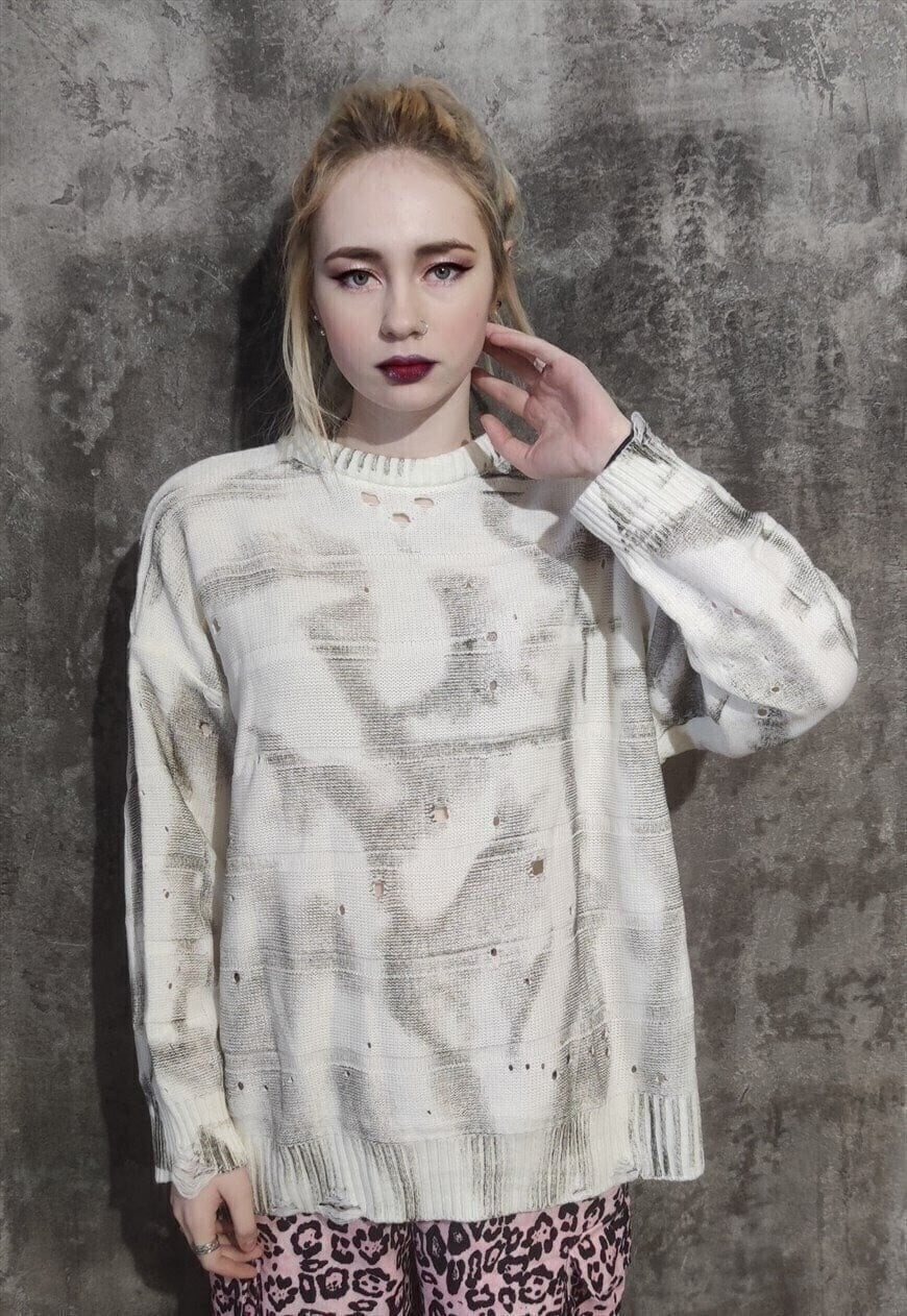 Ripped knitted sweatshirt distress knitwear jumper grey oil