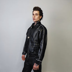 Faux leather racing jacket contrast stitching biker jacket premium rocker varsity 80s motorcycle college bomber metal buckle coat in black