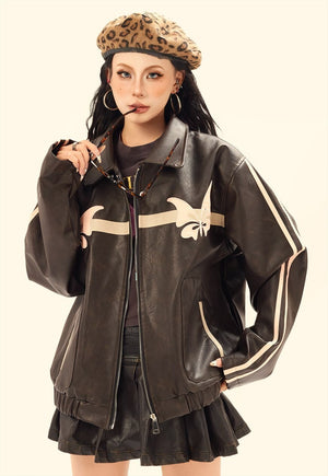 Cropped patchwork varsity jacket faux leather preppy bomber