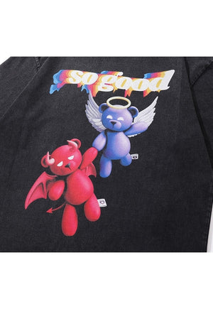 Angel devil T-shirt teddy bear cartoon top grunge top grey