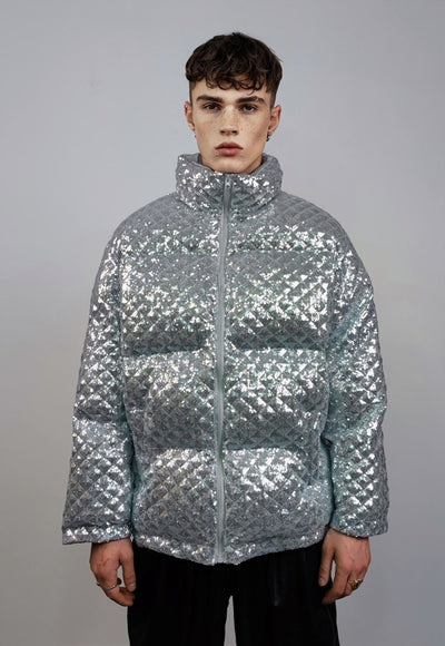 Sequin bomber jacket silver metallic embellished rave puffer