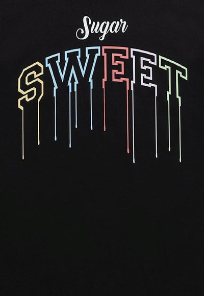 Sweet slogan t-shirt retro rainbow tee raver top in black