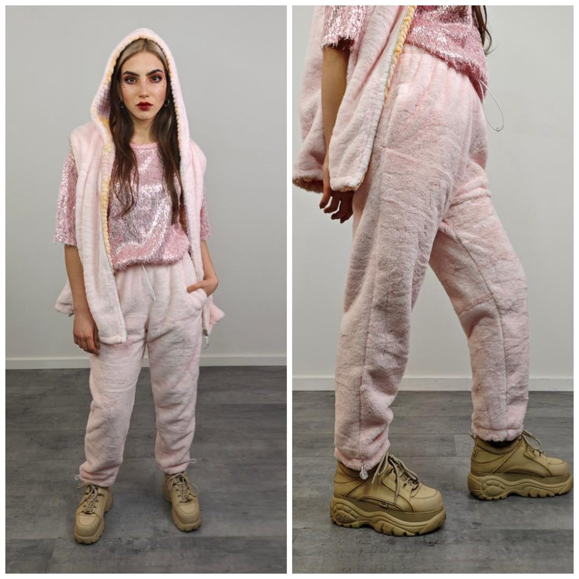 Mermaid joggers orange pink tie-dye fleece pants faux fur rainbow trousers retro geometric overalls fluffy bottoms festival set rave outfit