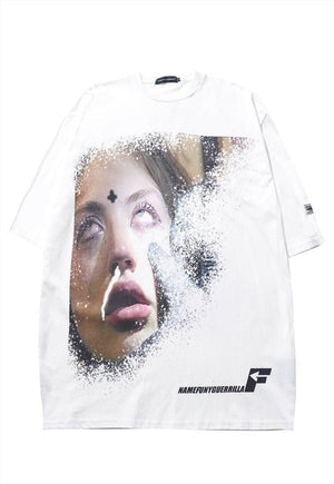 I-girl print tee distressed top paint splatter t-shirt white