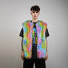 Rainbow faux fur jacket collarless tropical coat bright raver bomber fluffy carnival fleece luminous festival pullover burning man overcoat