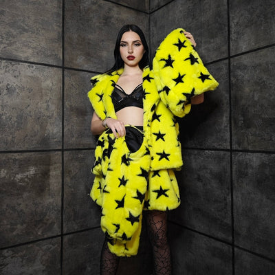 Star print coat yellow fauxfur geometric cropped bomber fluffy carnival fleece detachable sleeves festival jacket short psychedelic overcoat