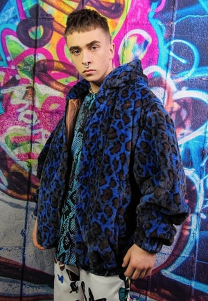 Leopard fleece jacket detachable animal print jacket in blue