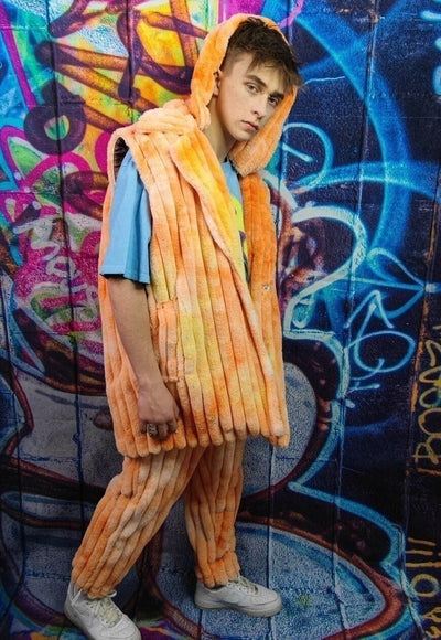 Tie-dye fleece coat handmade 2in1 hood trench jacket orange