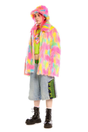 Rainbow shaggy faux fur jacket unicorn raver bomber fluffy festival coat party fleece bomber neon burning man coat in bright pink blue