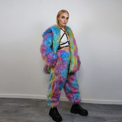 Rainbow faux fur joggers unicorn raver pants fluffy psychedelic trousers ski fleece tie-dye overalls festival bottoms burning man pants blue