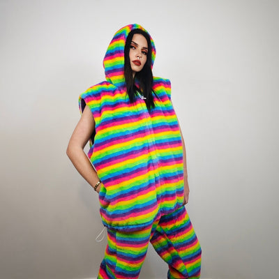 Striped rainbow fleece jacket psychedelic hood festival glitch rave bomber carnival overcoat LGBT jumper gay pride pullover burning man top