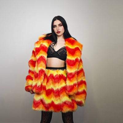 Faux fur skirt orange psychedelic midi fluffy fleece dress geometric flame bottoms carnival skirt elasticated waist burning man rave skirt