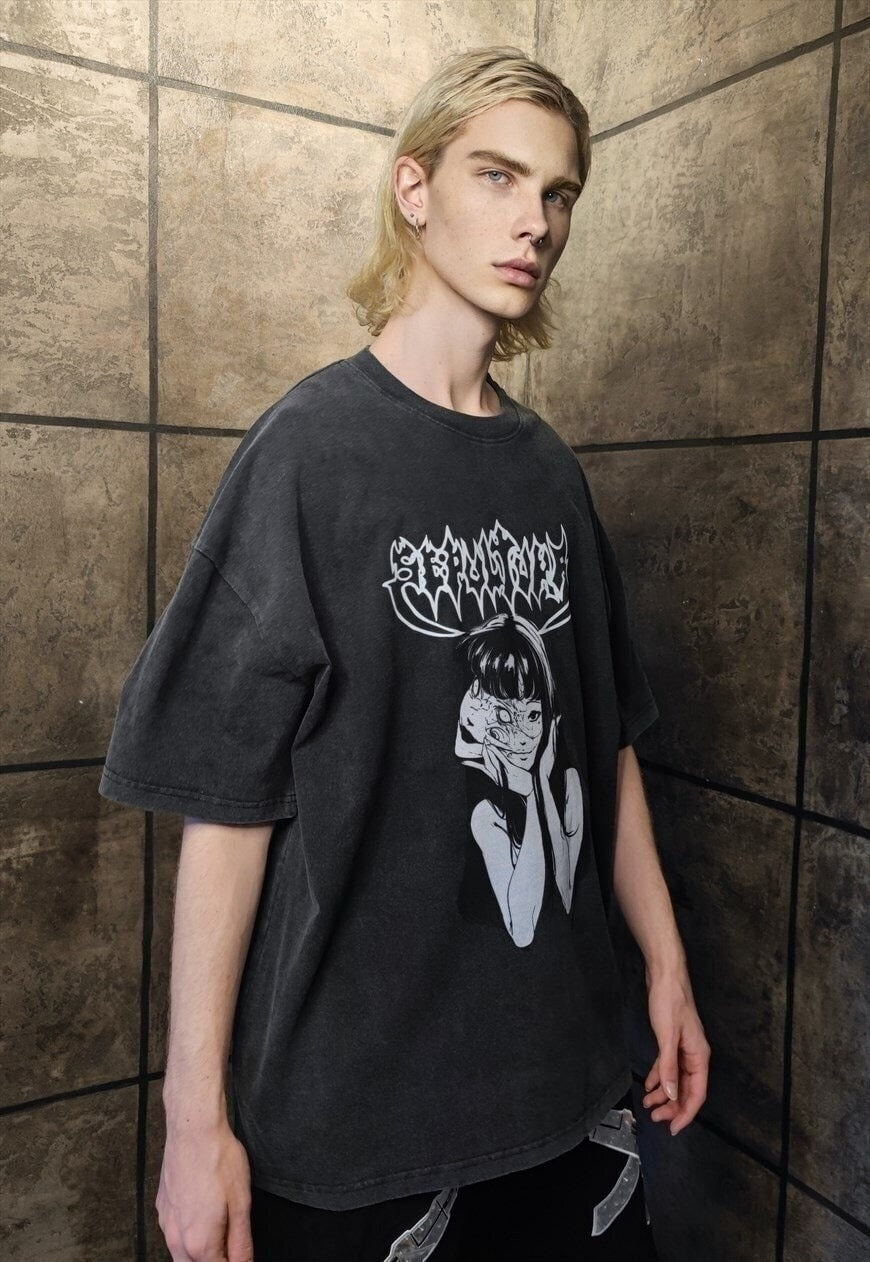 Anime t-shirt premium vintage wash grunge tee in grey