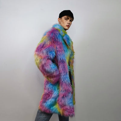 Rainbow Faux fur long coat unicorn trench neon raver bomber fluffy tie-dye fleece psychedelic festival jacket burning man going out coat