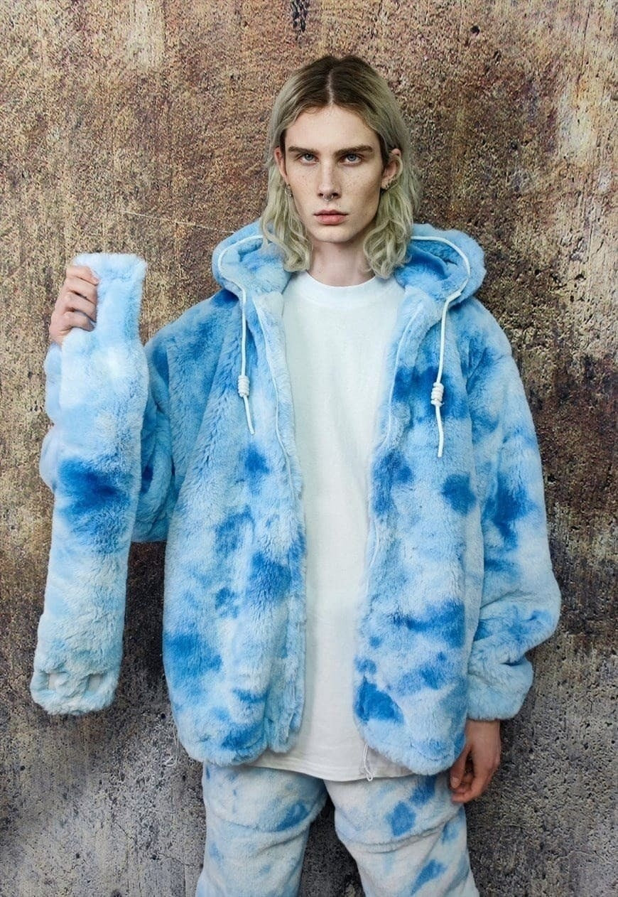 Fleece headband luxury fluffy head cover in tie-dye blue