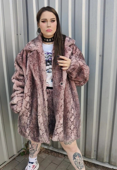 Luxury faux fur snake coat python print bomber handmade detachable fluffy jacket fleece puffer premium grunge trench in pastel pink