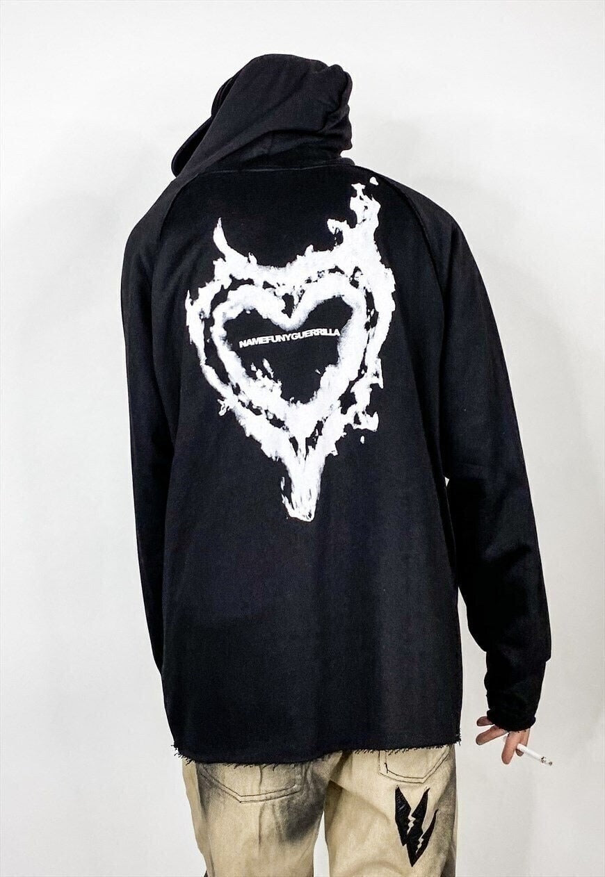 Flame heart print hooded top fire burn Korean hoodie black