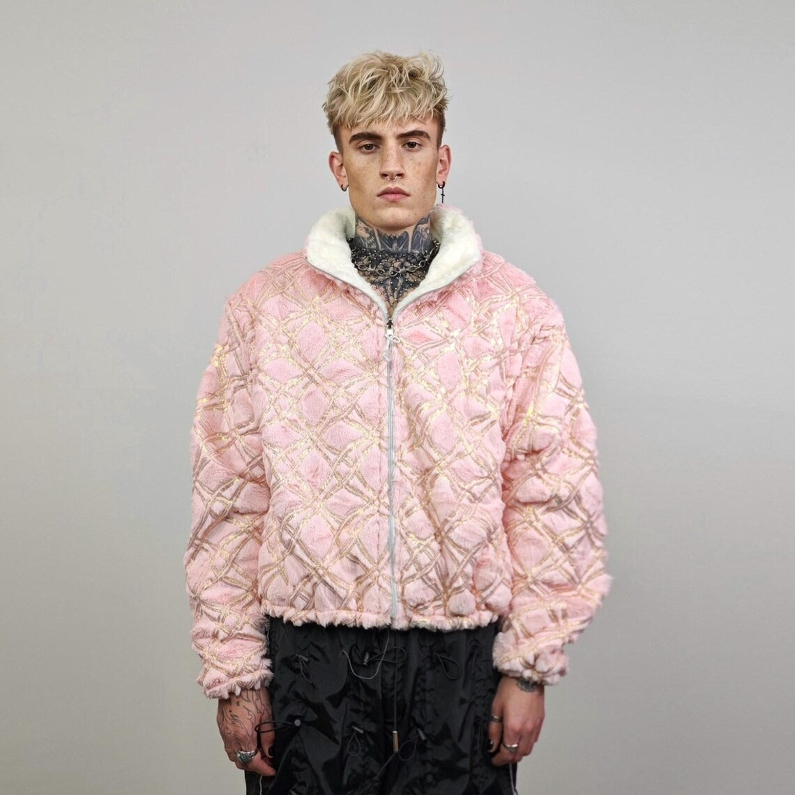 Cropped track jacket pink gold embellished coat reversible fleece short rave bomber sports set burning man outfit festival overcoat carnival