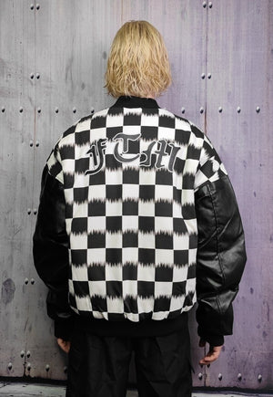 Drop shoulder varsity jacket faux leather check jacket black