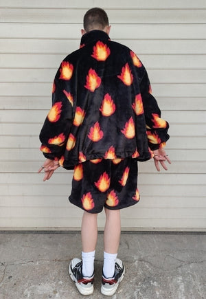 Flame fleece jacket handmade retro fire bomber black orange