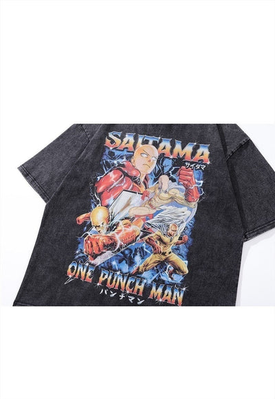 Saitama t-shirt One punch man tee retro Japanese top in grey