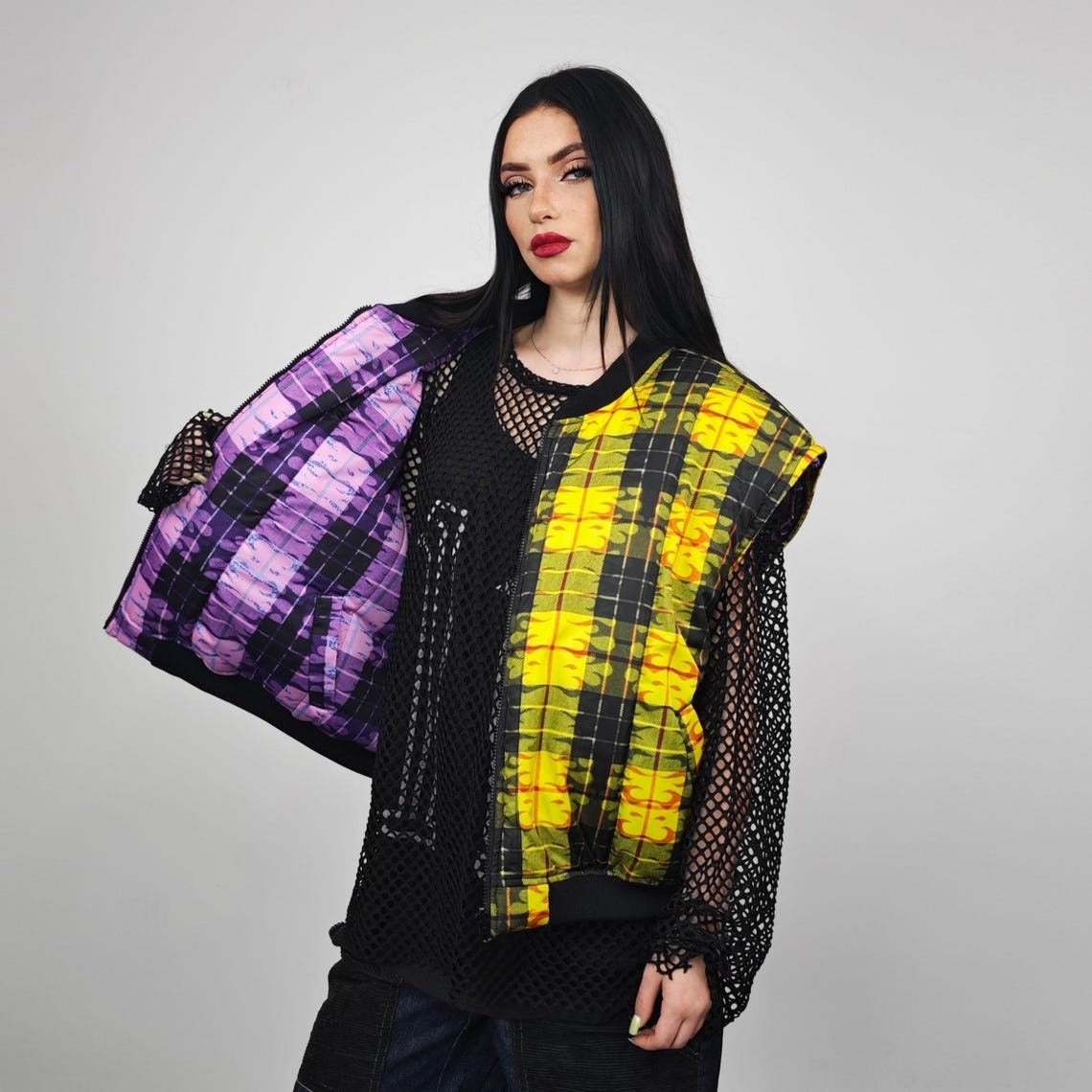 Flame bomber check yellow jacket thunder print reversible college varsity detachable sleeves handmade clueless plaid puffer grunge rock coat