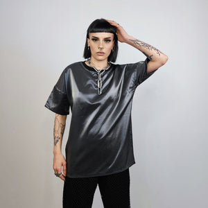 Silver t-shirt shiny metallic top going out thin tee luminous short sleeve jumper summer party shirt cyber punk pullover in grey