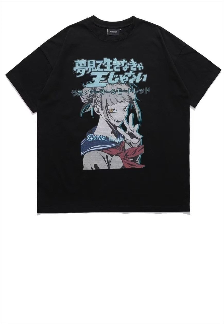 Anime girl t-shirt retro Japan manga tee Harajuku top black