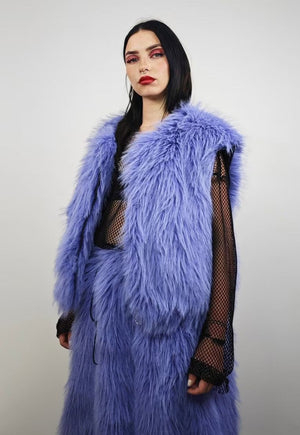 Shaggy fur coat blue collarless cropped trench rave festival