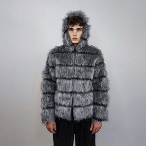 Striped fox fur jacket hooded grey shaggy mink coat fuzzy going out bomber mountain party fleece fancy dress fluffy peacoat rocker overcoat