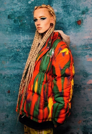 Tie-dye corduroy bomber space puffer flame jacket in orange