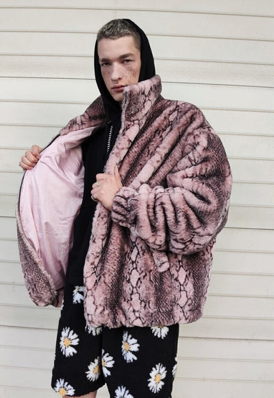 Python fleece jacket handmade snake fur bomber pastel pink