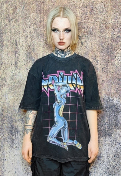 Robot print t-shirt grunge tee cyber punk top in acid black