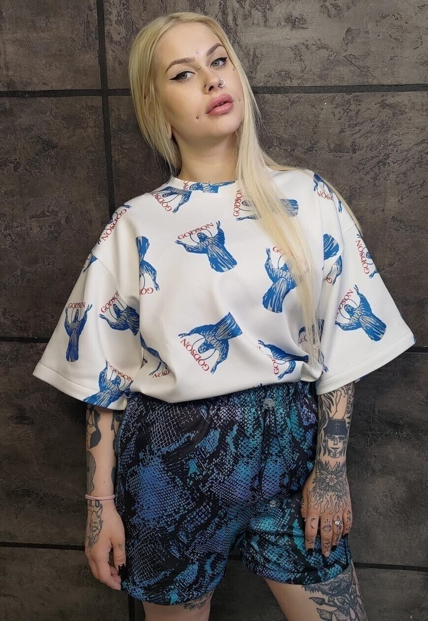 Snake print shorts handmade python overalls in tie-dye blue