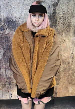 Reworked fleece jacket contrast stitch bomber jacket brown