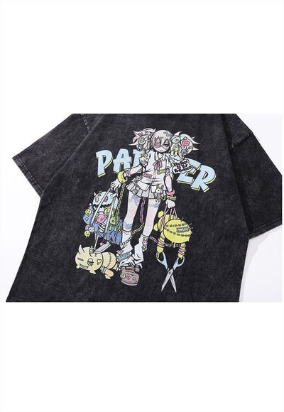 Anime girl t-shirt Japanese cartoon tee vintage wash top