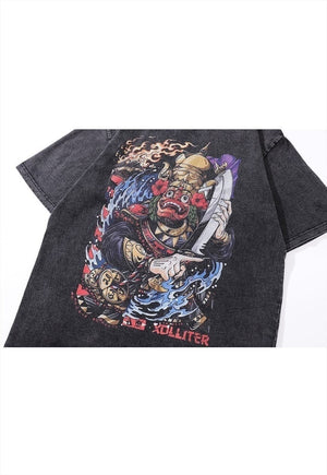 Dragon print t-shirt Japanese tee retro cartoon top in grey